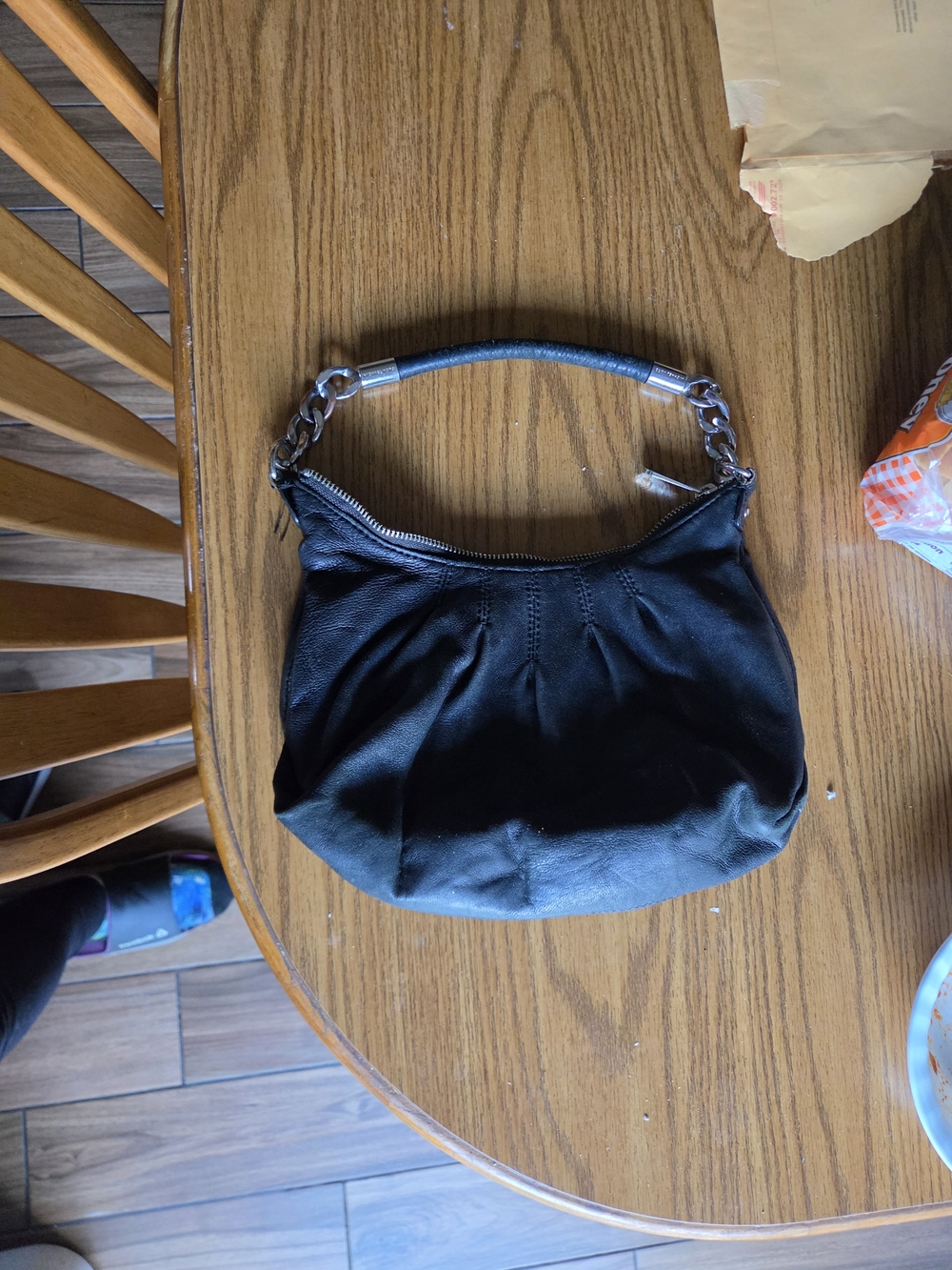 Michael Kors Black Leather Shoulder Bag with Chain-Accented Handle